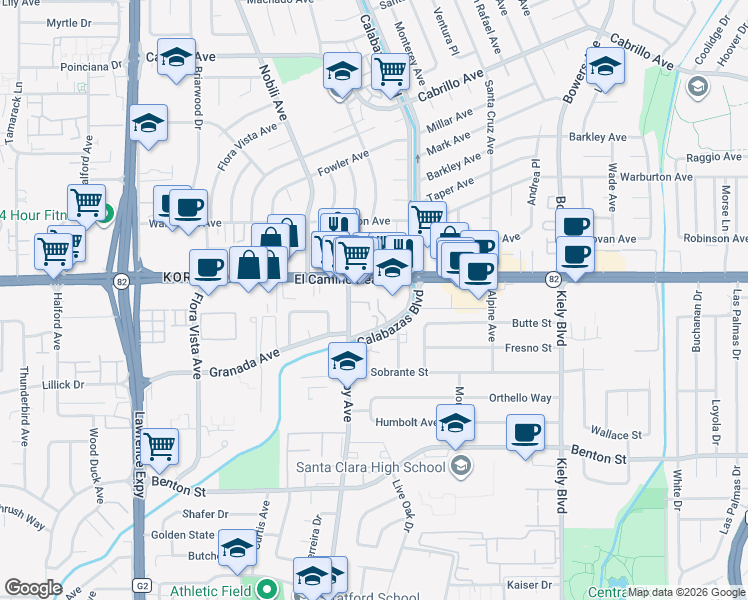 map of restaurants, bars, coffee shops, grocery stores, and more near 3236 El Camino Real in Santa Clara