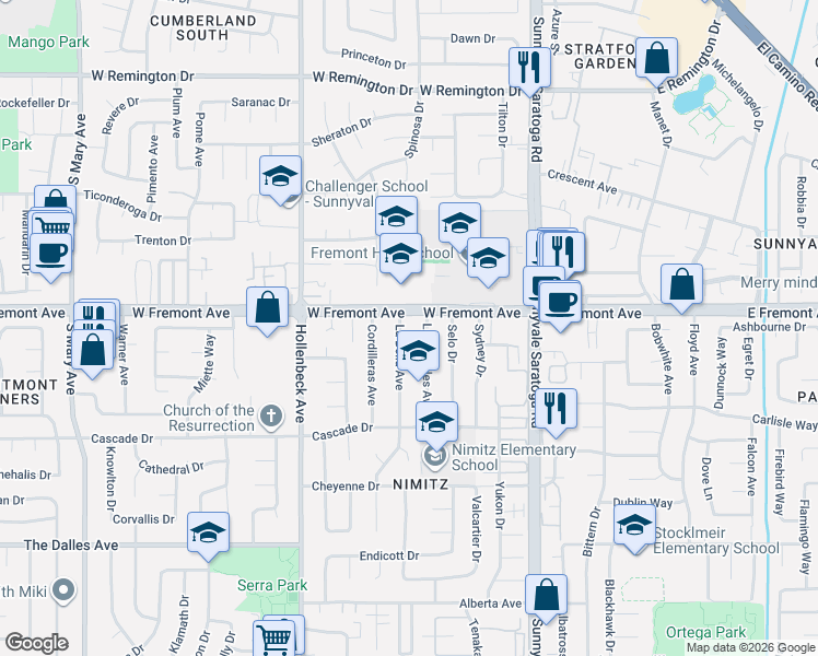 map of restaurants, bars, coffee shops, grocery stores, and more near 1319 Los Arboles Avenue in Sunnyvale