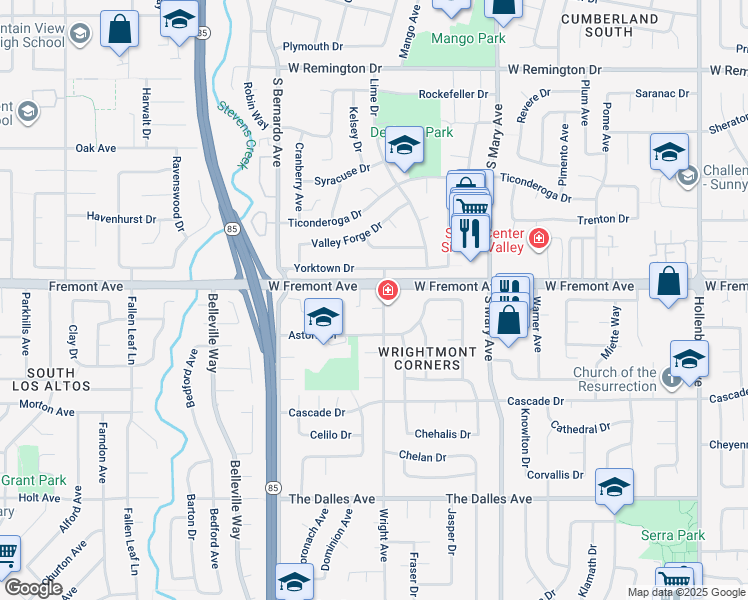 map of restaurants, bars, coffee shops, grocery stores, and more near in Sunnyvale