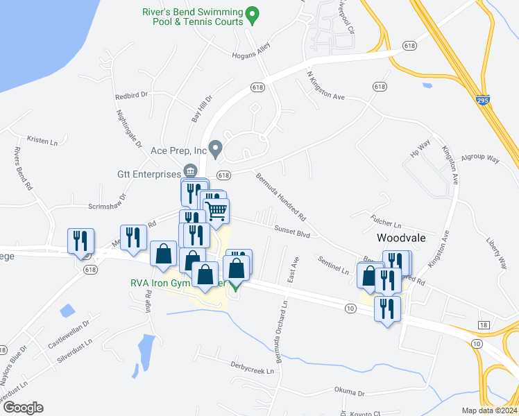 map of restaurants, bars, coffee shops, grocery stores, and more near 316 Sunset Boulevard in Chester
