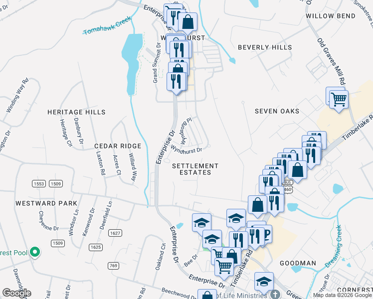 map of restaurants, bars, coffee shops, grocery stores, and more near 198 Wyndhurst Drive in Lynchburg