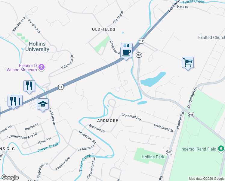 map of restaurants, bars, coffee shops, grocery stores, and more near 8549 Muirfield Circle in Hollins