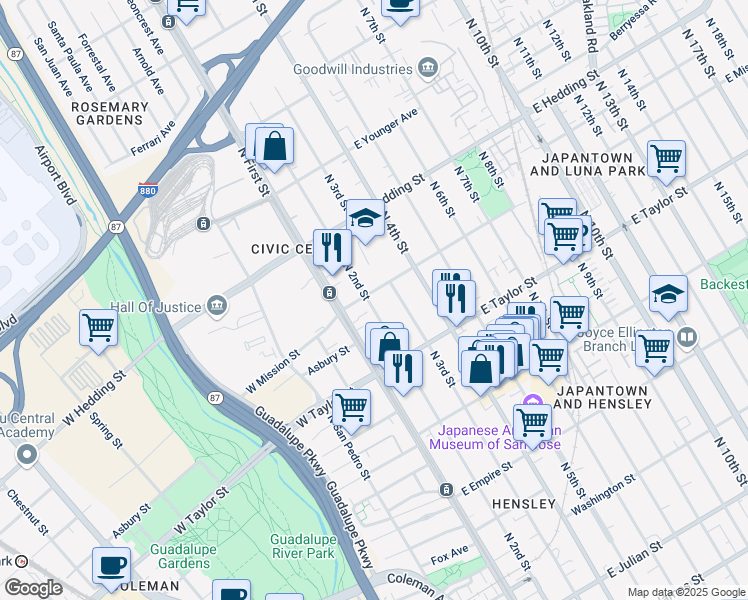map of restaurants, bars, coffee shops, grocery stores, and more near 52 East Mission Street in San Jose