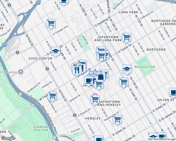 map of restaurants, bars, coffee shops, grocery stores, and more near E Taylor St & N 6th St in San Jose