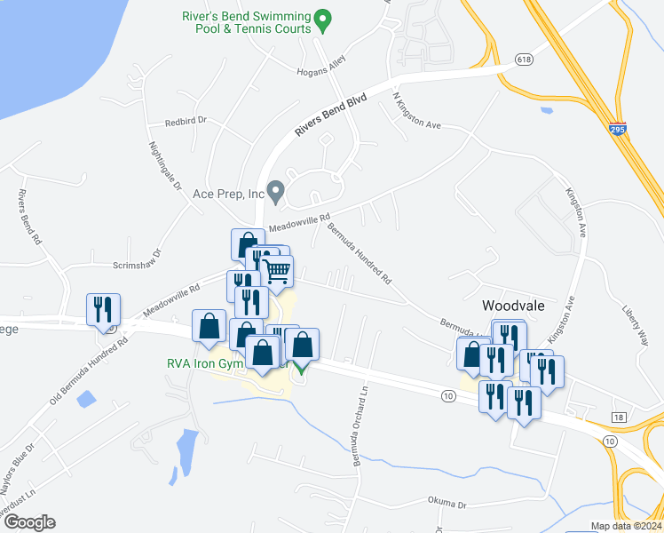 map of restaurants, bars, coffee shops, grocery stores, and more near 316 Sunset Boulevard in Chester