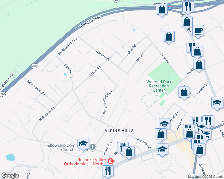 map of restaurants, bars, coffee shops, grocery stores, and more near 933 Barrens Village Lane in Hollins