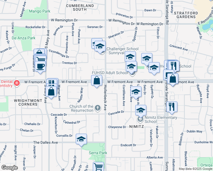 map of restaurants, bars, coffee shops, grocery stores, and more near 69 Hollenbeck Avenue in Sunnyvale