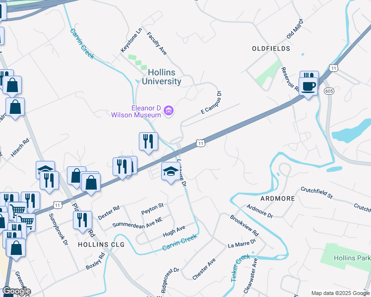 map of restaurants, bars, coffee shops, grocery stores, and more near 7916 Williamson Road in Roanoke