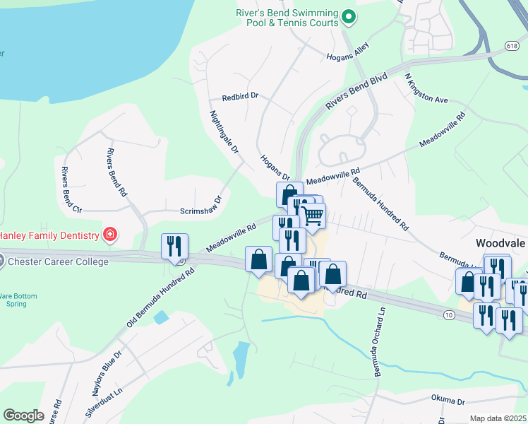 map of restaurants, bars, coffee shops, grocery stores, and more near 120 Meadowville Road in Chester