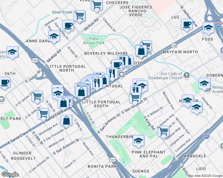 map of restaurants, bars, coffee shops, grocery stores, and more near 1680 Shortridge Avenue in San Jose