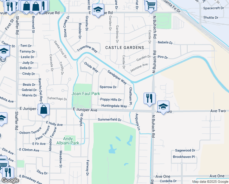 map of restaurants, bars, coffee shops, grocery stores, and more near 1037 Arrowwood Lane in Atwater