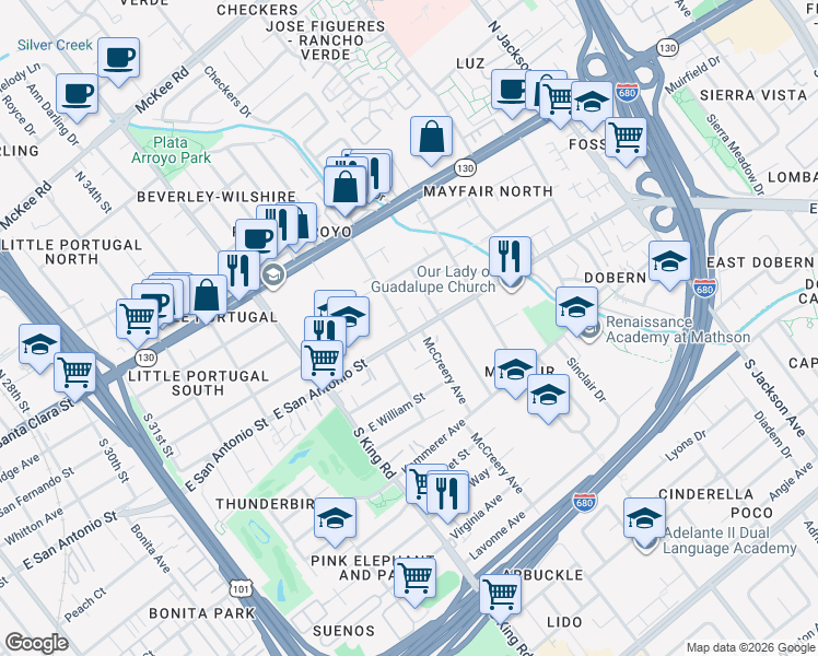 map of restaurants, bars, coffee shops, grocery stores, and more near 1801 East San Antonio Street in San Jose
