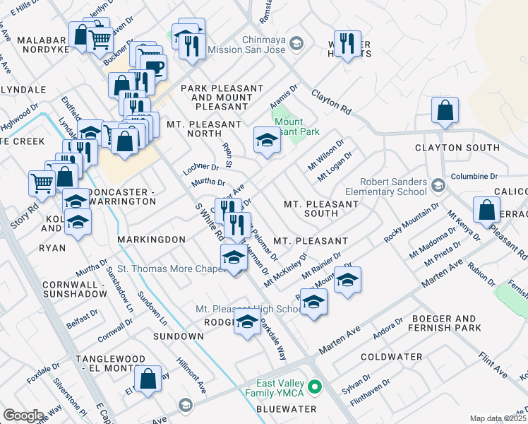map of restaurants, bars, coffee shops, grocery stores, and more near 1440 Mount Diablo Drive in San Jose