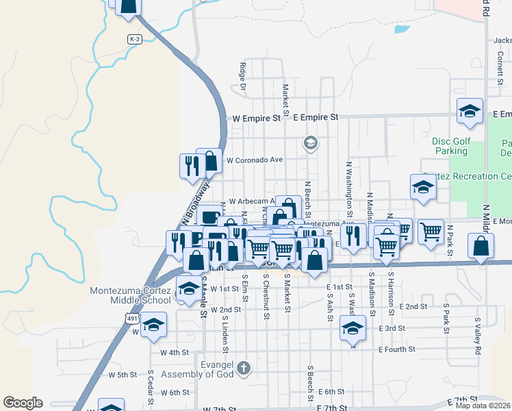map of restaurants, bars, coffee shops, grocery stores, and more near 222 North Chestnut Street in Cortez