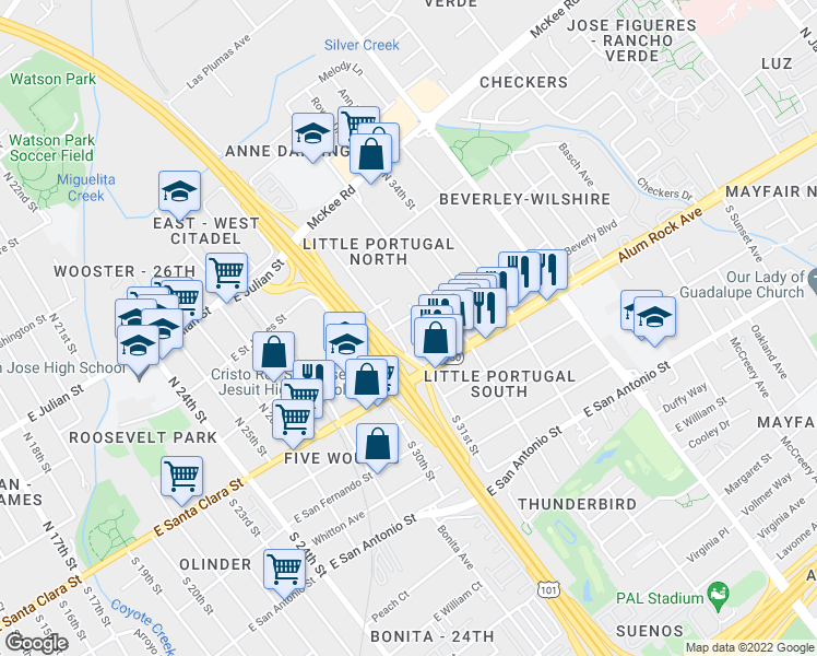 map of restaurants, bars, coffee shops, grocery stores, and more near 76 North 31st Street in San Jose