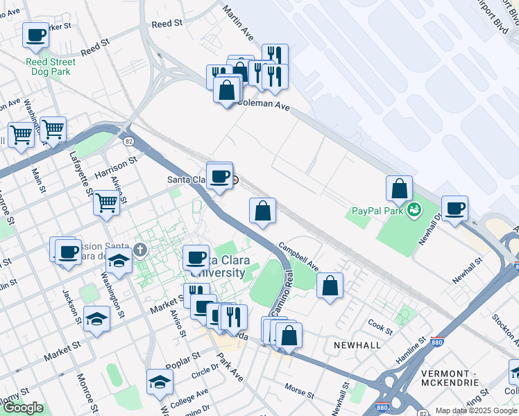 map of restaurants, bars, coffee shops, grocery stores, and more near 469 El Camino Real in Santa Clara