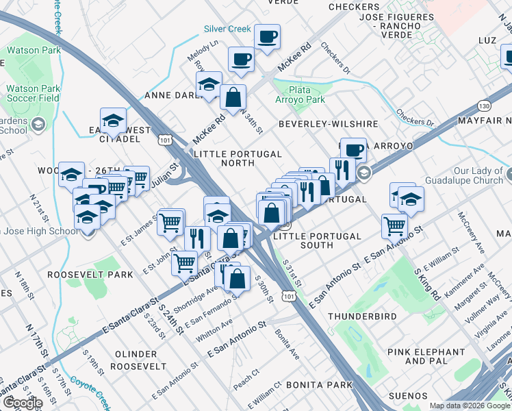 map of restaurants, bars, coffee shops, grocery stores, and more near 76 North 31st Street in San Jose