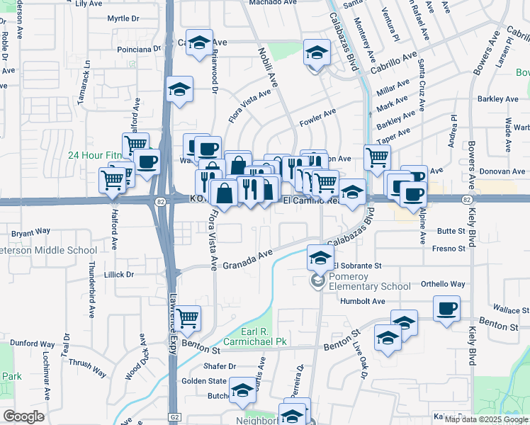 map of restaurants, bars, coffee shops, grocery stores, and more near 3436 El Camino Real in Santa Clara