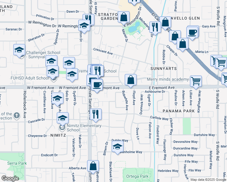 map of restaurants, bars, coffee shops, grocery stores, and more near 174 East Fremont Avenue in Sunnyvale