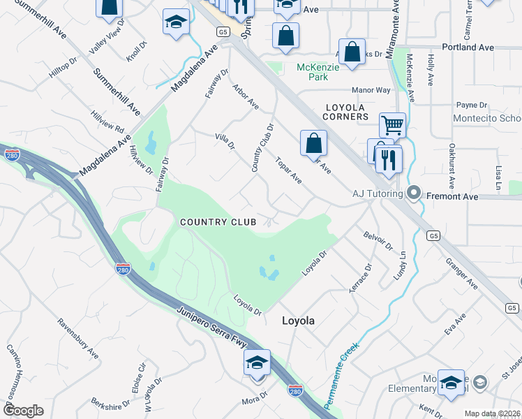 map of restaurants, bars, coffee shops, grocery stores, and more near 1504 Country Club Drive in Los Altos