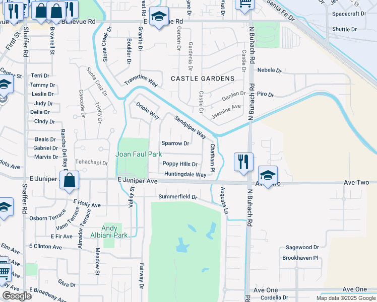 map of restaurants, bars, coffee shops, grocery stores, and more near 1037 Arrowwood Lane in Atwater