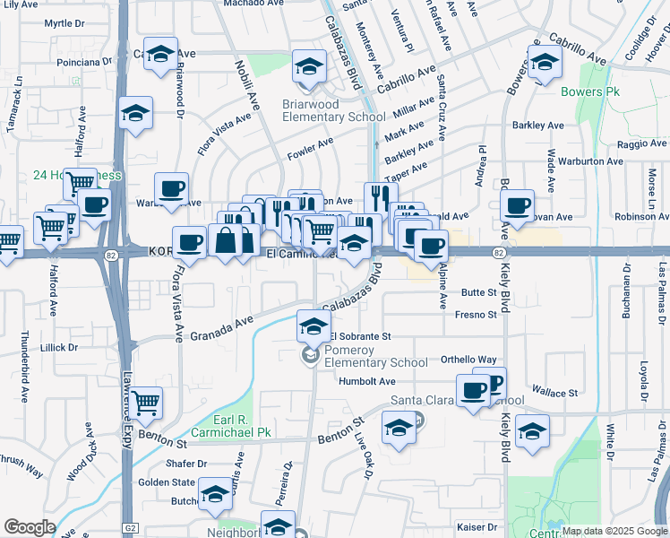 map of restaurants, bars, coffee shops, grocery stores, and more near 3236 El Camino Real in Santa Clara