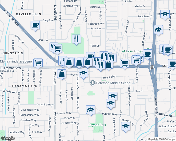 map of restaurants, bars, coffee shops, grocery stores, and more near 998 East El Camino Real in Sunnyvale