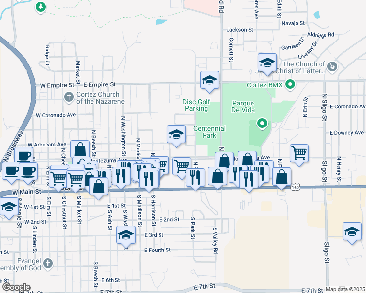 map of restaurants, bars, coffee shops, grocery stores, and more near 783 Aspen Drive in Cortez
