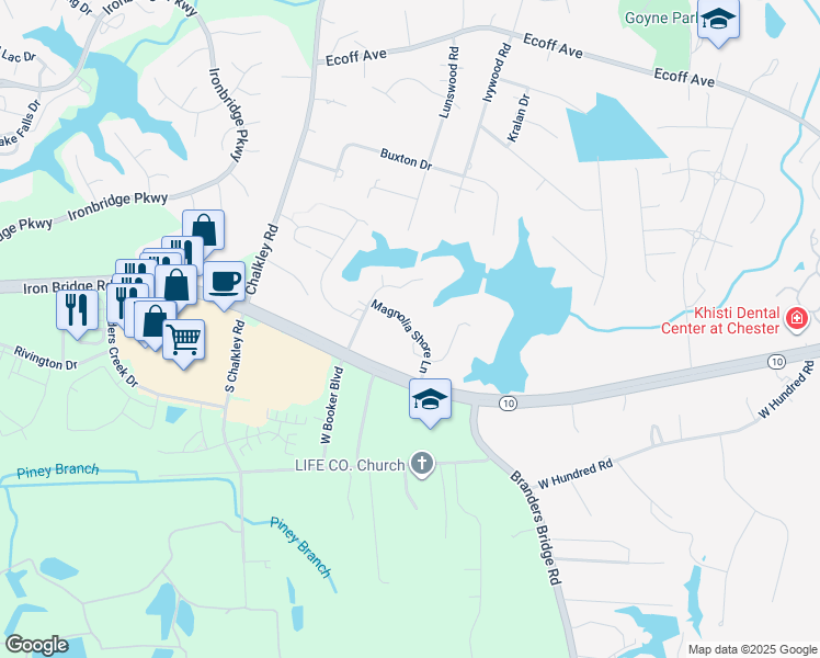 map of restaurants, bars, coffee shops, grocery stores, and more near 5749 Magnolia Shore Lane in Chester