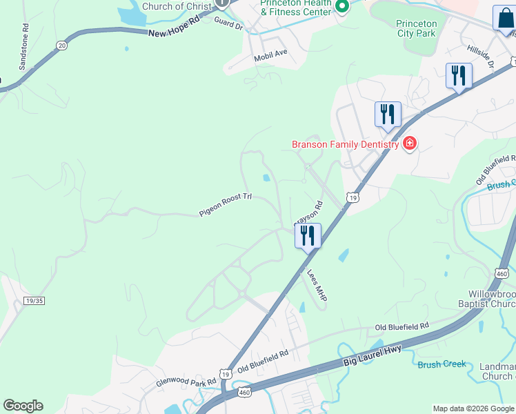 map of restaurants, bars, coffee shops, grocery stores, and more near 299 Pigeon Roost Trail in Princeton