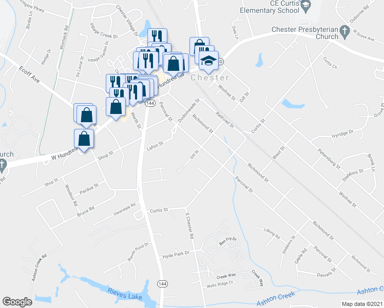 map of restaurants, bars, coffee shops, grocery stores, and more near 4220 Gill Street in Chester