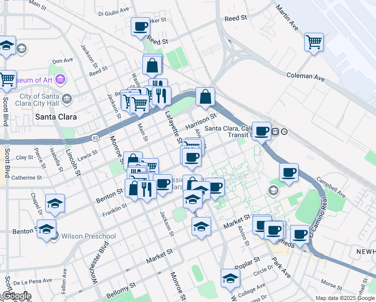 map of restaurants, bars, coffee shops, grocery stores, and more near 1141 Lafayette Street in Santa Clara