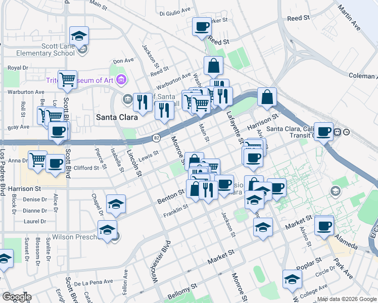 map of restaurants, bars, coffee shops, grocery stores, and more near 1239 Harrison Street in Santa Clara