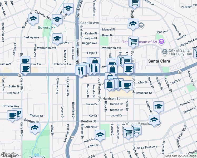 map of restaurants, bars, coffee shops, grocery stores, and more near 1500 Los Padres Boulevard in Santa Clara
