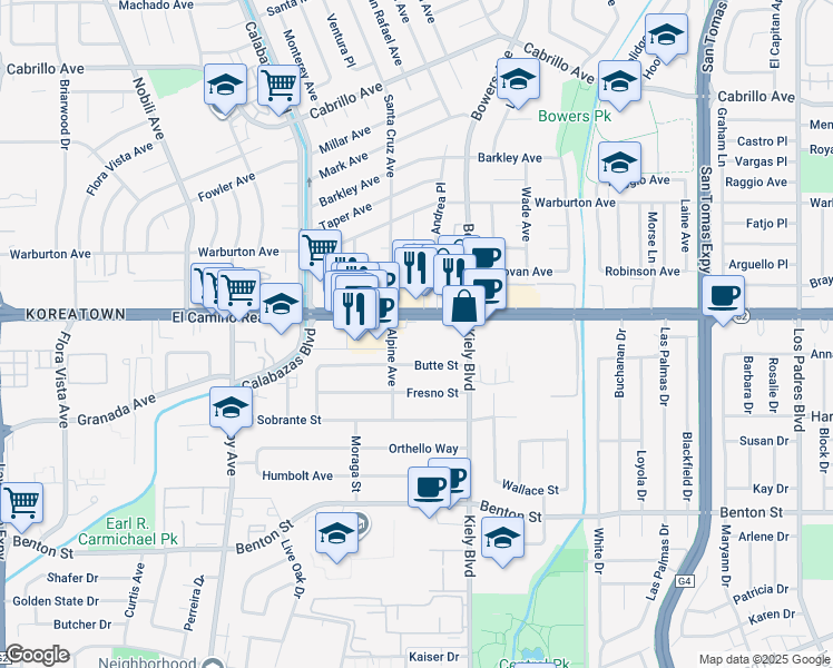 map of restaurants, bars, coffee shops, grocery stores, and more near 2930 El Camino Real in Santa Clara