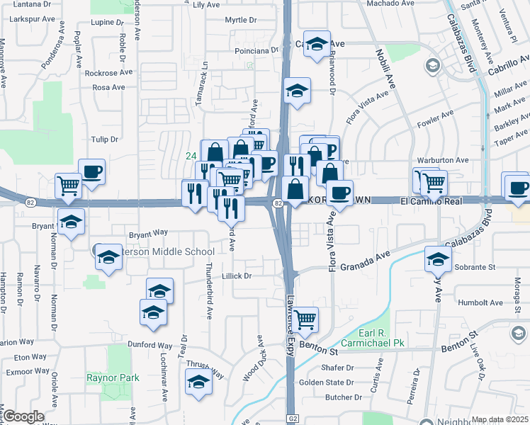 map of restaurants, bars, coffee shops, grocery stores, and more near 3610 El Camino Real in Santa Clara