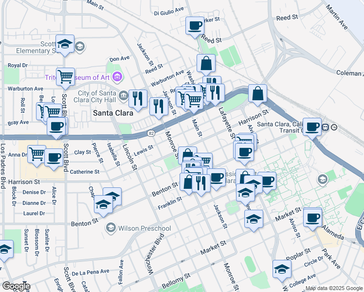 map of restaurants, bars, coffee shops, grocery stores, and more near 1239 Harrison Street in Santa Clara