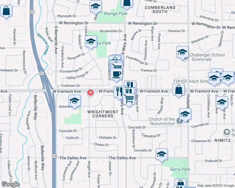 map of restaurants, bars, coffee shops, grocery stores, and more near 922 East Fremont Avenue in Sunnyvale