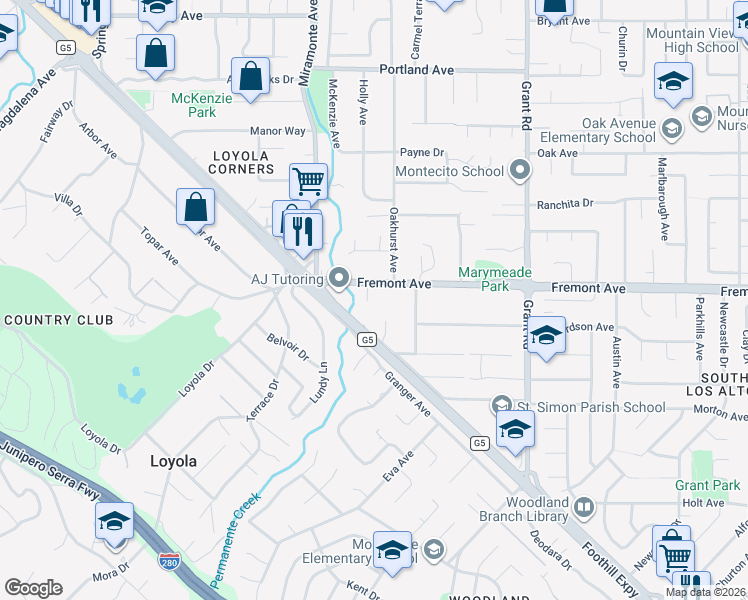 map of restaurants, bars, coffee shops, grocery stores, and more near 1625 Hazelaar Way in Los Altos