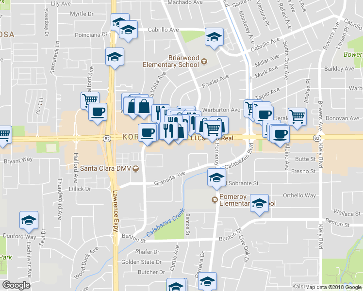 map of restaurants, bars, coffee shops, grocery stores, and more near 3430 El Camino Real in Santa Clara