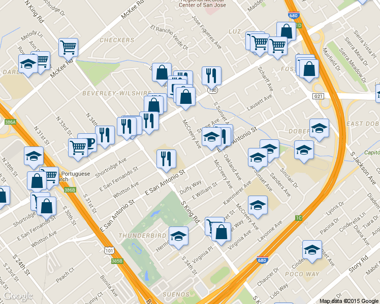 map of restaurants, bars, coffee shops, grocery stores, and more near in San Jose