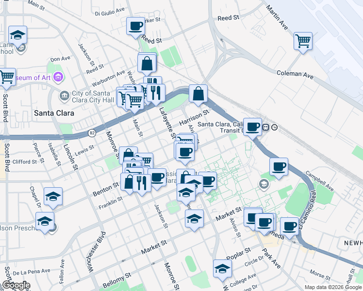 map of restaurants, bars, coffee shops, grocery stores, and more near 1141 Lafayette Street in Santa Clara