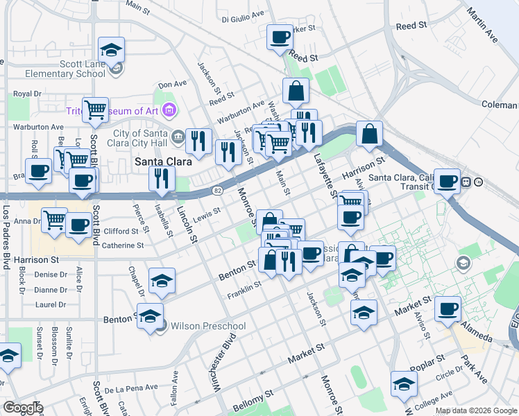 map of restaurants, bars, coffee shops, grocery stores, and more near 1306 Monroe Street in Santa Clara