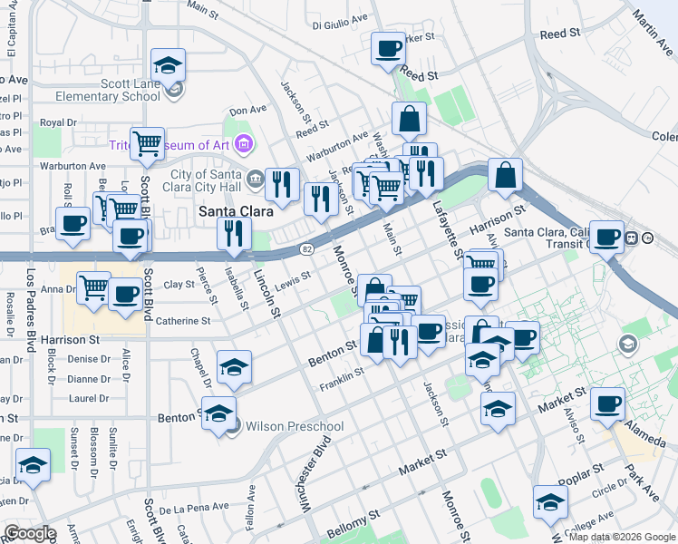 map of restaurants, bars, coffee shops, grocery stores, and more near 1306 Monroe Street in Santa Clara