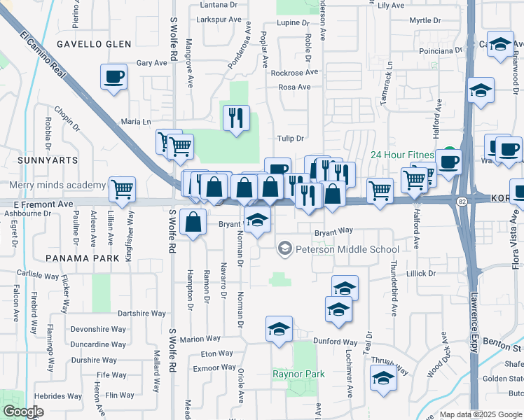 map of restaurants, bars, coffee shops, grocery stores, and more near 993 Bryant Way in Sunnyvale