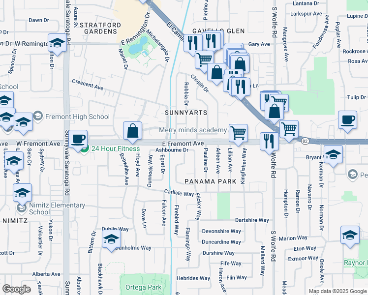 map of restaurants, bars, coffee shops, grocery stores, and more near 730 Ashbourne Drive in Sunnyvale