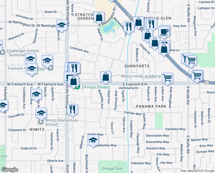 map of restaurants, bars, coffee shops, grocery stores, and more near 1333 Floyd Avenue in Sunnyvale
