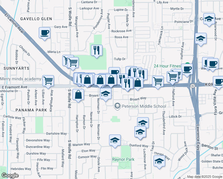 map of restaurants, bars, coffee shops, grocery stores, and more near 998 East El Camino Real in Sunnyvale