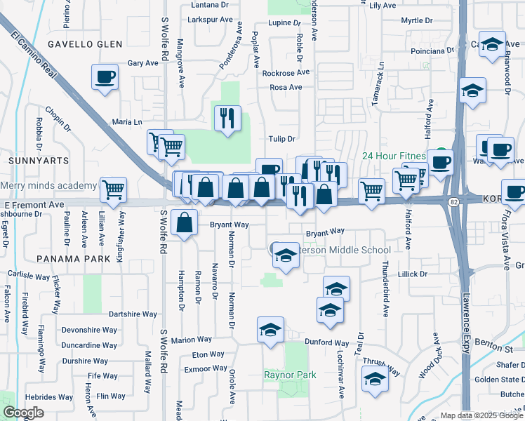 map of restaurants, bars, coffee shops, grocery stores, and more near 993 Bryant Way in Sunnyvale