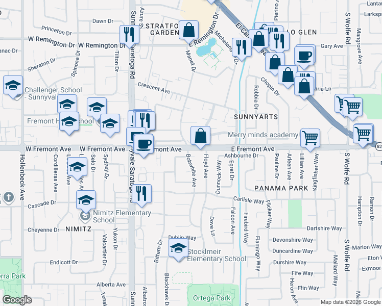 map of restaurants, bars, coffee shops, grocery stores, and more near 574 Bobolink Circle in Sunnyvale